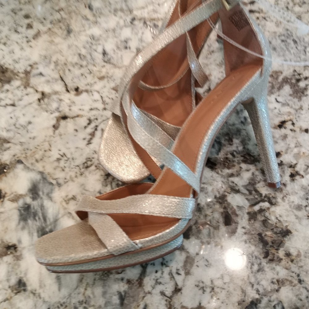 Calvin Klein Open Toe High Stiletto Metallic Gold Platform Heels Women's